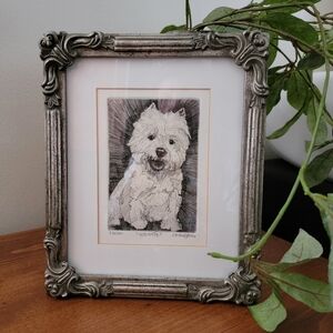 Westie Dog Black & White Pen & Ink Print Ornate Framed & Signed Art Picture